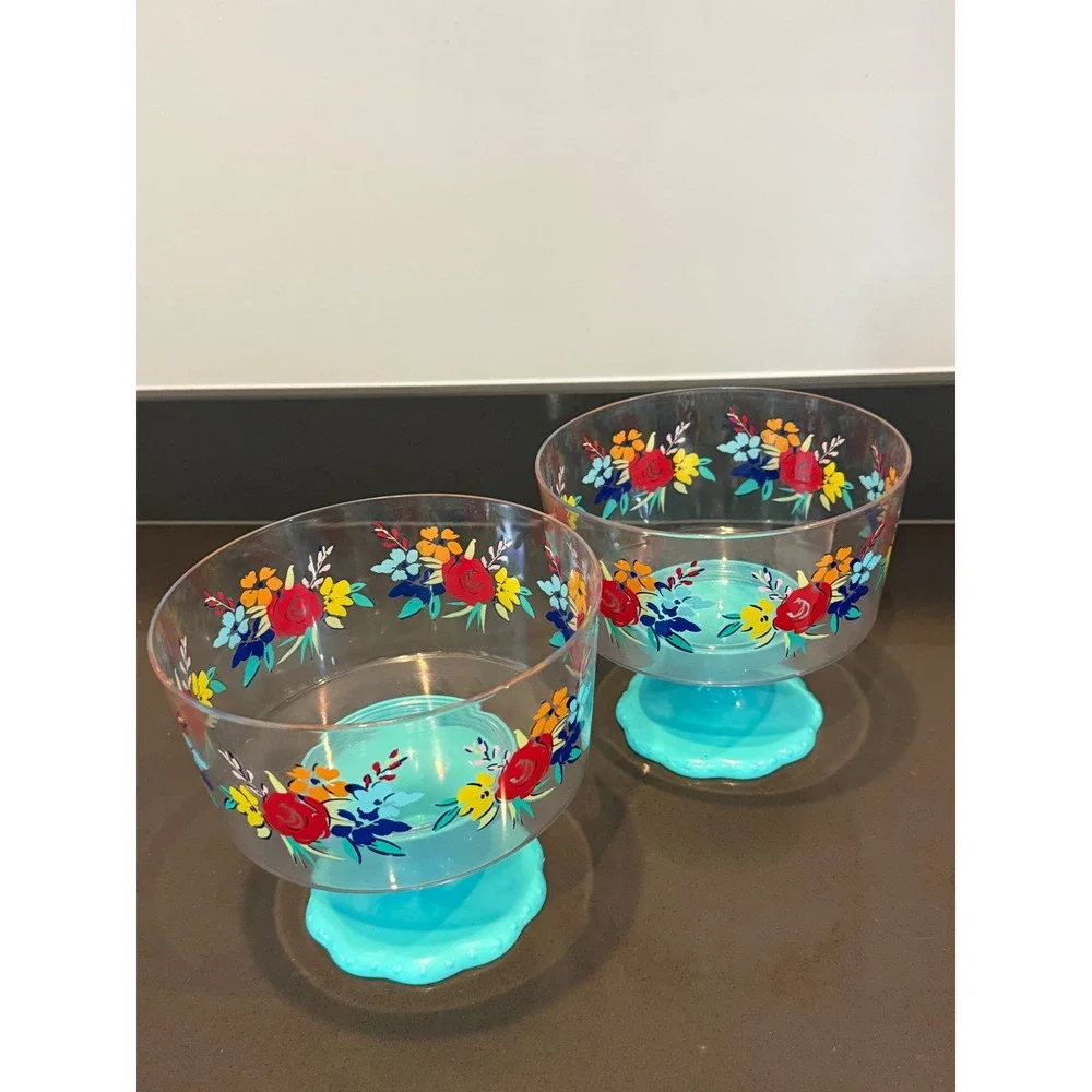 Pioneer Woman Birthday Floral Footed Snack Bowls Set of 2 Turquoise Melamine